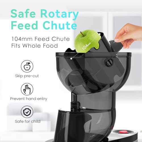 Masticating Juicer Machines, 4.1-inch(104mm) Powerful Slow Cold Press Juicer with Large Feed Chute, Electric Masticating Juicers for Vegetables and Fruits, Easy to Clean with Brush